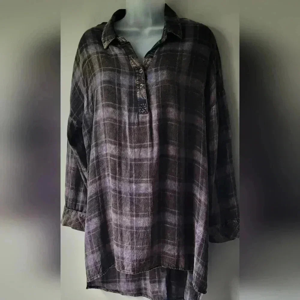 Mystree Blue & Black Plaid Half Button Hi Lo Collar Tunic Top size large - Picture 2 of 11